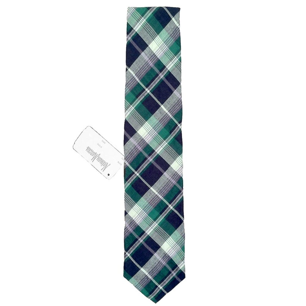 NEW Handsome Neiman Marcus Cotton Tie!  Green Blue & White Plaid  Made in USA